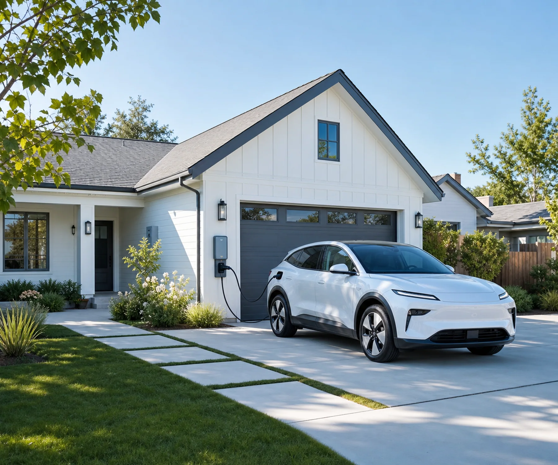 Electric vehicle charging in the driveway of a modern home
