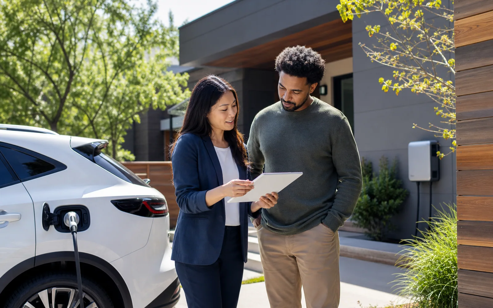 EV advisor helping a homeowner review charging options